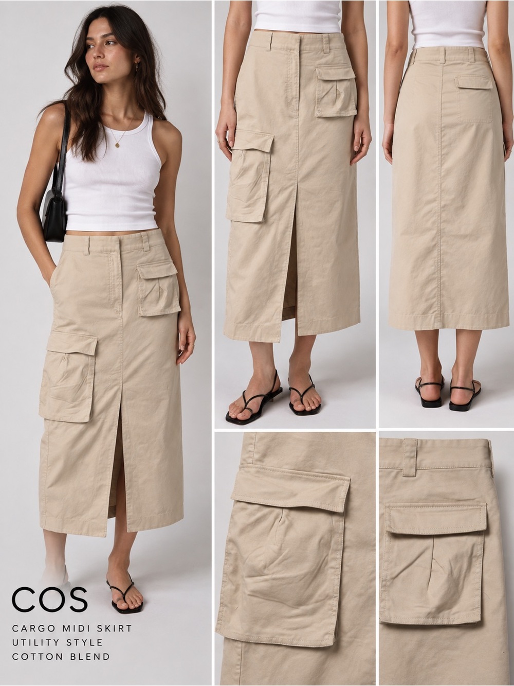 COS Beige Cargo Utility Midi Maxi Skirt Cotton Stretch Pocket L